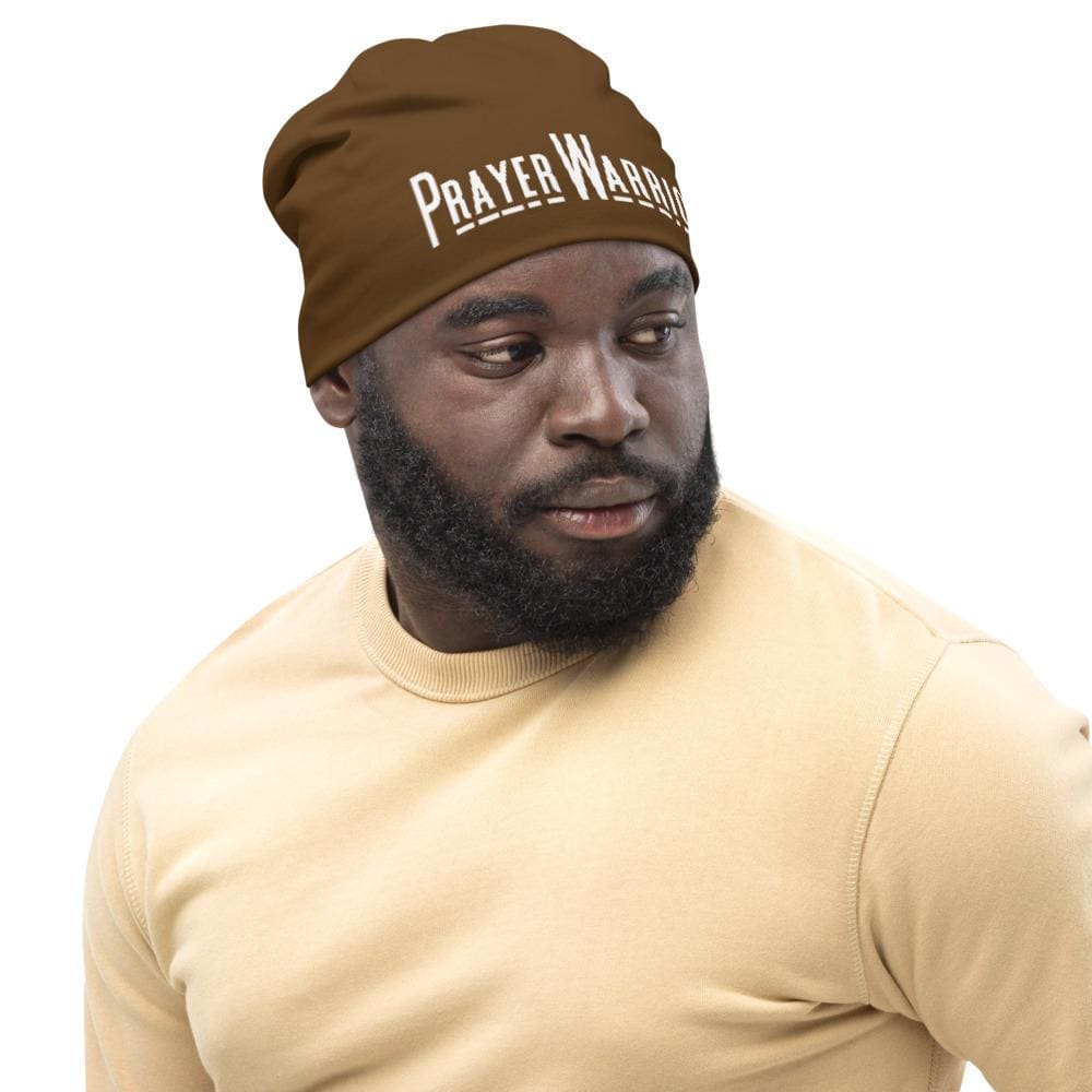 Beanie Hat - Brown Slouchy Beanie Prayer Warrior Print Men/women-2